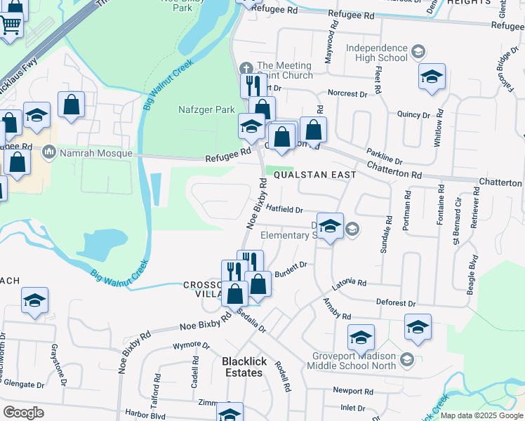 map of restaurants, bars, coffee shops, grocery stores, and more near 5064 Benham Drive in Columbus