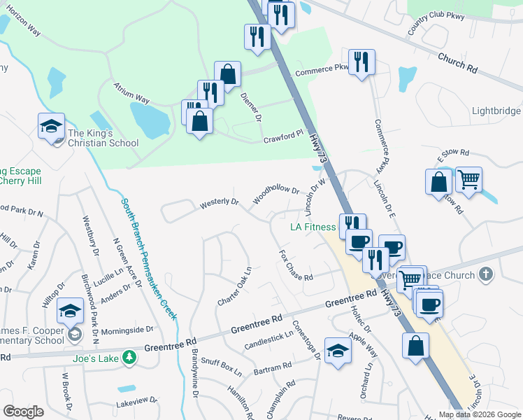 map of restaurants, bars, coffee shops, grocery stores, and more near 1 Westerly Drive in Evesham