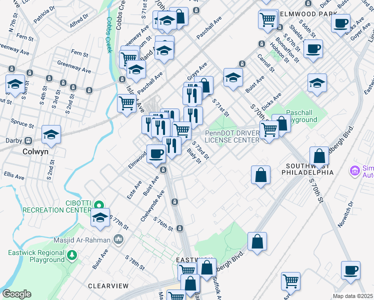 map of restaurants, bars, coffee shops, grocery stores, and more near 7320 Buist Avenue in Philadelphia