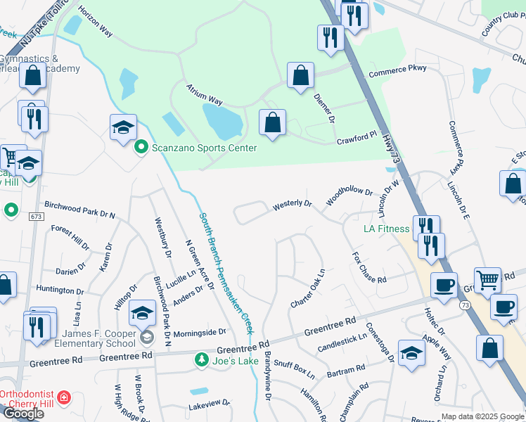 map of restaurants, bars, coffee shops, grocery stores, and more near 906 Westerly Drive in Evesham