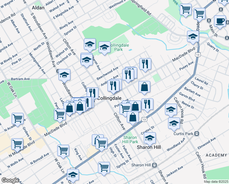 map of restaurants, bars, coffee shops, grocery stores, and more near 121 Sharon Avenue in Collingdale