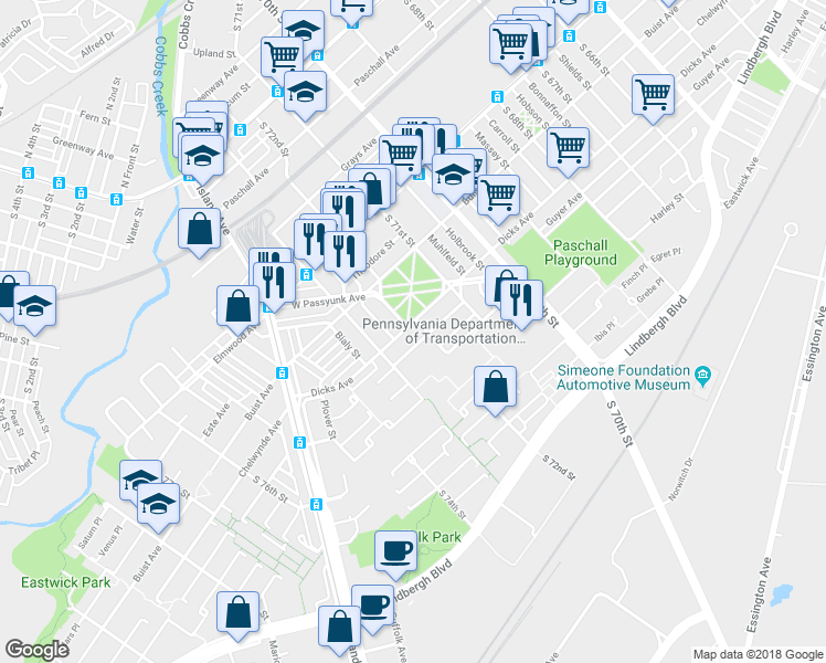 map of restaurants, bars, coffee shops, grocery stores, and more near 7208 Dicks Avenue in Philadelphia