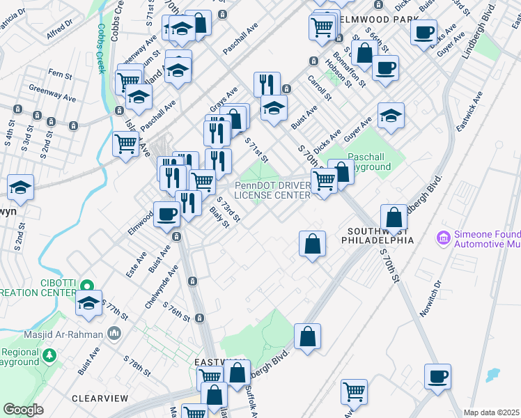 map of restaurants, bars, coffee shops, grocery stores, and more near 7208 Dicks Avenue in Philadelphia