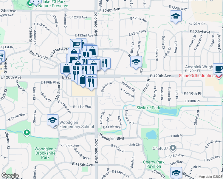 map of restaurants, bars, coffee shops, grocery stores, and more near 4115 East 119th Place in Thornton