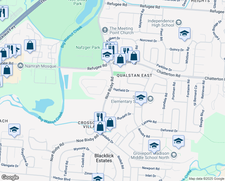 map of restaurants, bars, coffee shops, grocery stores, and more near 5064 Benham Drive in Columbus