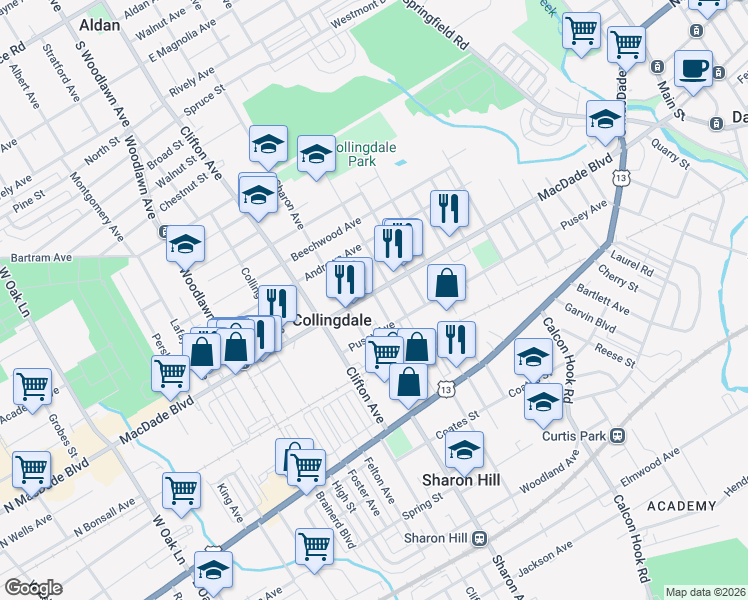 map of restaurants, bars, coffee shops, grocery stores, and more near 121 Sharon Avenue in Collingdale
