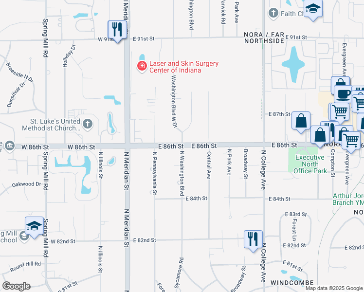 map of restaurants, bars, coffee shops, grocery stores, and more near 305 East 86th Street in Indianapolis