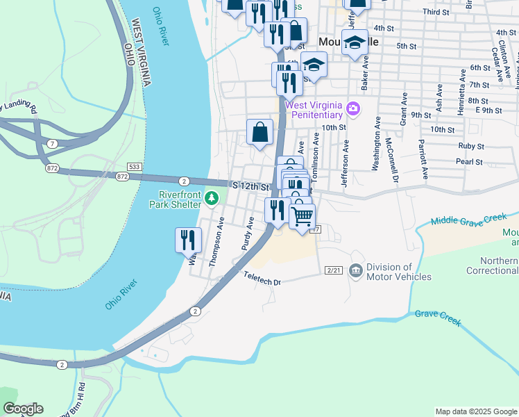 map of restaurants, bars, coffee shops, grocery stores, and more near 1301-1305 Lafayette Ave in Moundsville