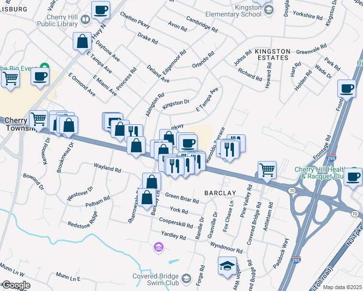 map of restaurants, bars, coffee shops, grocery stores, and more near 1188 New Jersey 70 in Cherry Hill