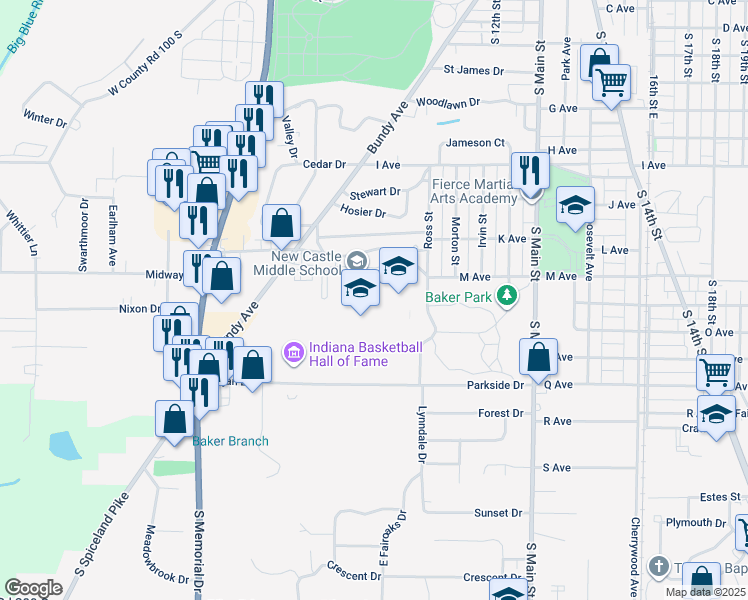 map of restaurants, bars, coffee shops, grocery stores, and more near 801 Parkview Drive in New Castle