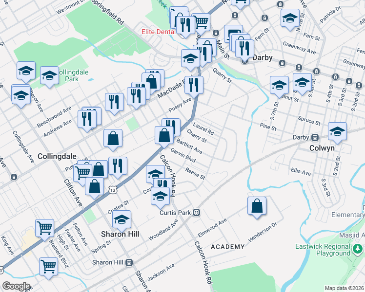 map of restaurants, bars, coffee shops, grocery stores, and more near 147 Garvin Boulevard in Sharon Hill