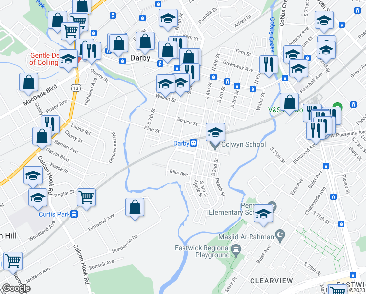 map of restaurants, bars, coffee shops, grocery stores, and more near 415 Colwyn Avenue in Darby