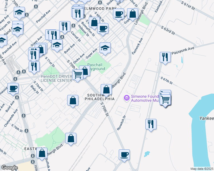 map of restaurants, bars, coffee shops, grocery stores, and more near 6861 Lindbergh Boulevard in Philadelphia