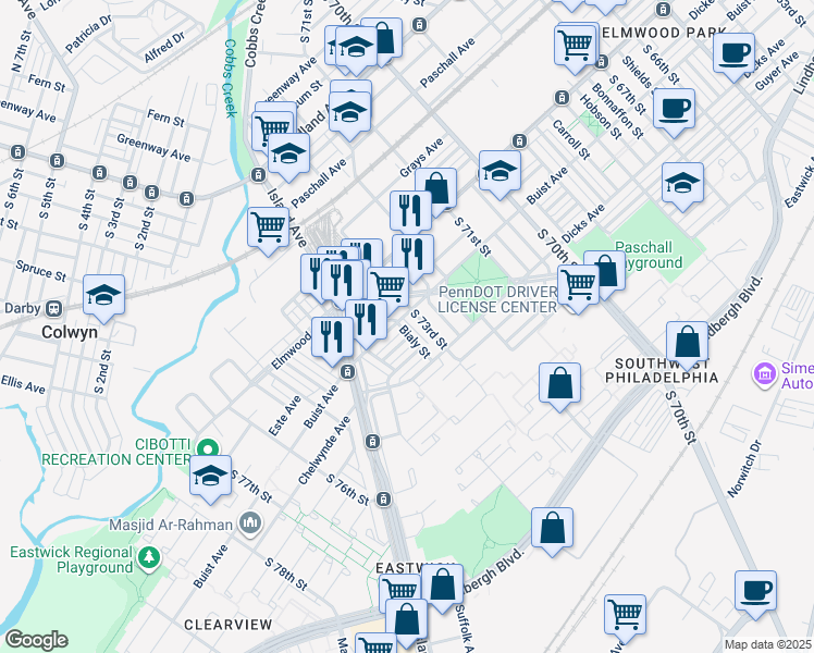 map of restaurants, bars, coffee shops, grocery stores, and more near 2611 Bialy Street in Philadelphia