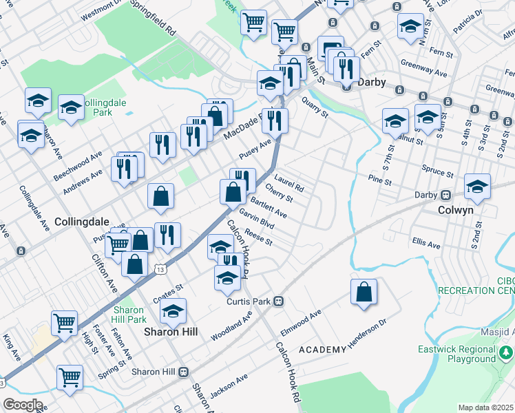 map of restaurants, bars, coffee shops, grocery stores, and more near 124 Bartlett Avenue in Sharon Hill