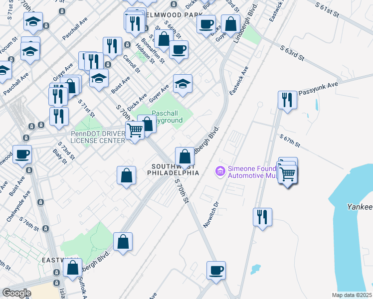 map of restaurants, bars, coffee shops, grocery stores, and more near 6861 Lindbergh Boulevard in Philadelphia