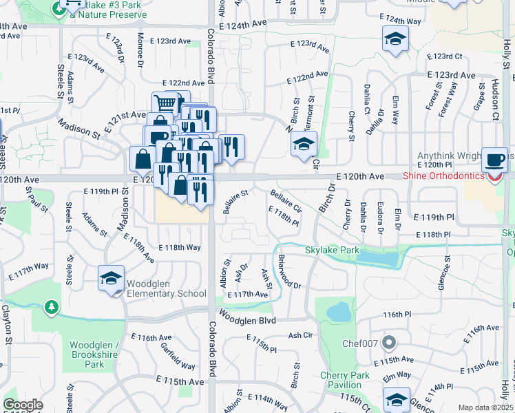 map of restaurants, bars, coffee shops, grocery stores, and more near 4245 East 119th Place in Thornton
