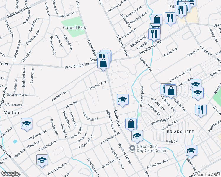 map of restaurants, bars, coffee shops, grocery stores, and more near Secane Road in Clifton Heights
