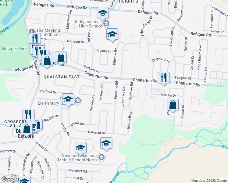 map of restaurants, bars, coffee shops, grocery stores, and more near 3203 Fontaine Road in Columbus