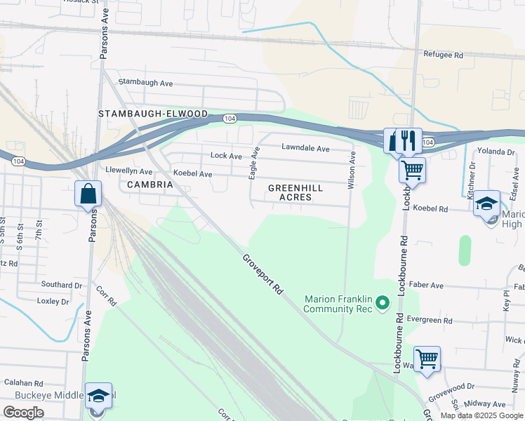 map of restaurants, bars, coffee shops, grocery stores, and more near 715 Glendower Avenue in Columbus