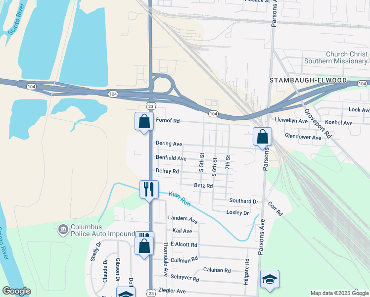 map of restaurants, bars, coffee shops, grocery stores, and more near 118 Benfield Avenue in Columbus
