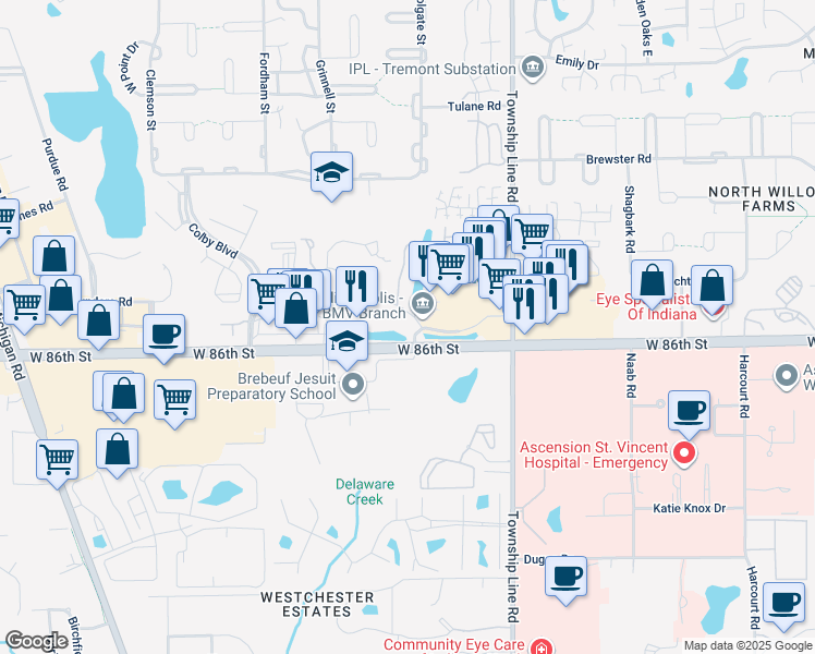 map of restaurants, bars, coffee shops, grocery stores, and more near 2548-2566 West 86th Street in Indianapolis
