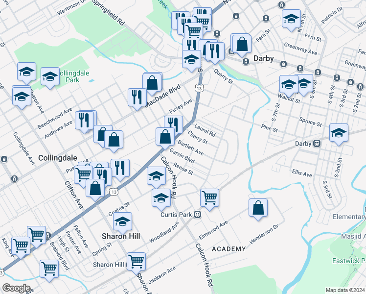 map of restaurants, bars, coffee shops, grocery stores, and more near 124 Bartlett Avenue in Sharon Hill