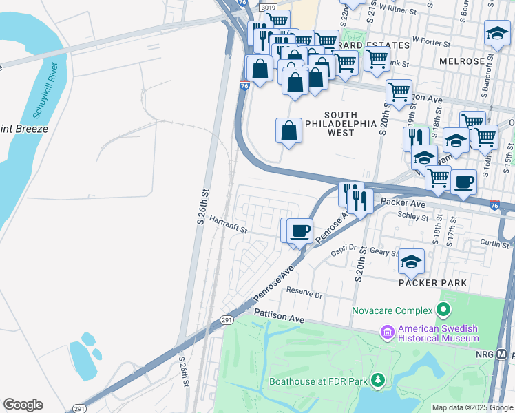 map of restaurants, bars, coffee shops, grocery stores, and more near 2305 Napoli Way in Philadelphia
