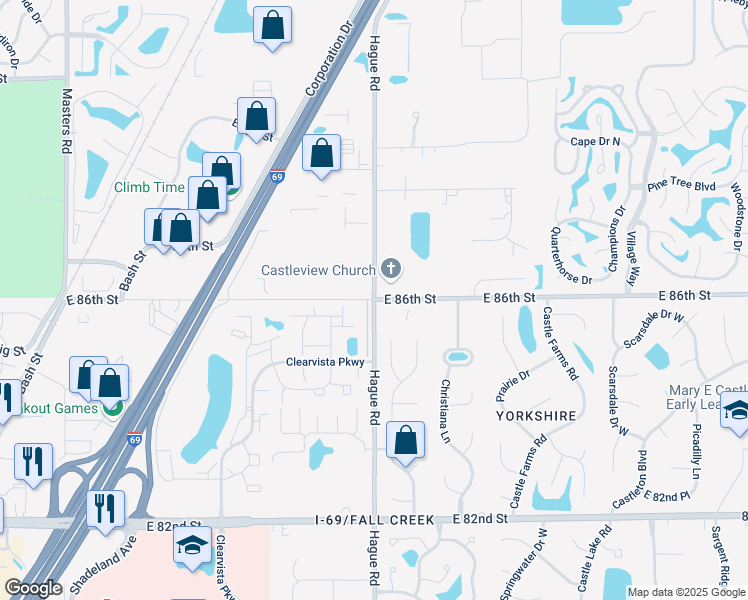 map of restaurants, bars, coffee shops, grocery stores, and more near E 86th St & Hague Rd in Indianapolis