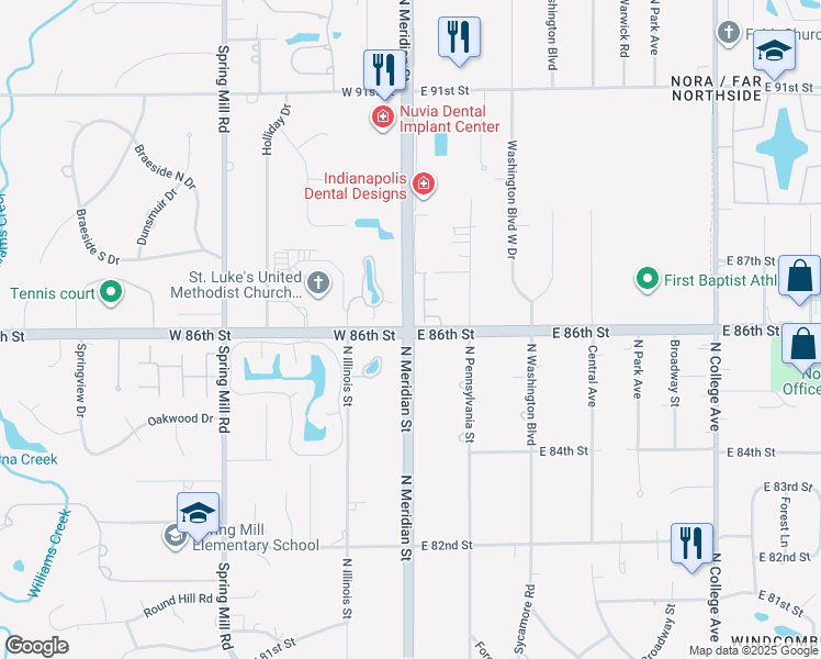 map of restaurants, bars, coffee shops, grocery stores, and more near N Meridian St & E 86th St in Indianapolis