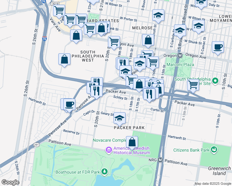 map of restaurants, bars, coffee shops, grocery stores, and more near 3102 South 19th Street in Philadelphia