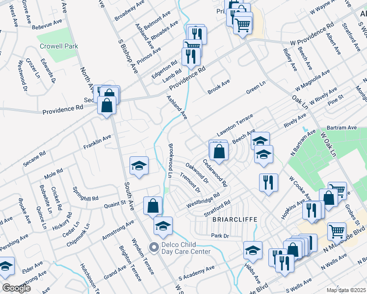 map of restaurants, bars, coffee shops, grocery stores, and more near 1256 Nicole Lane in Delaware County