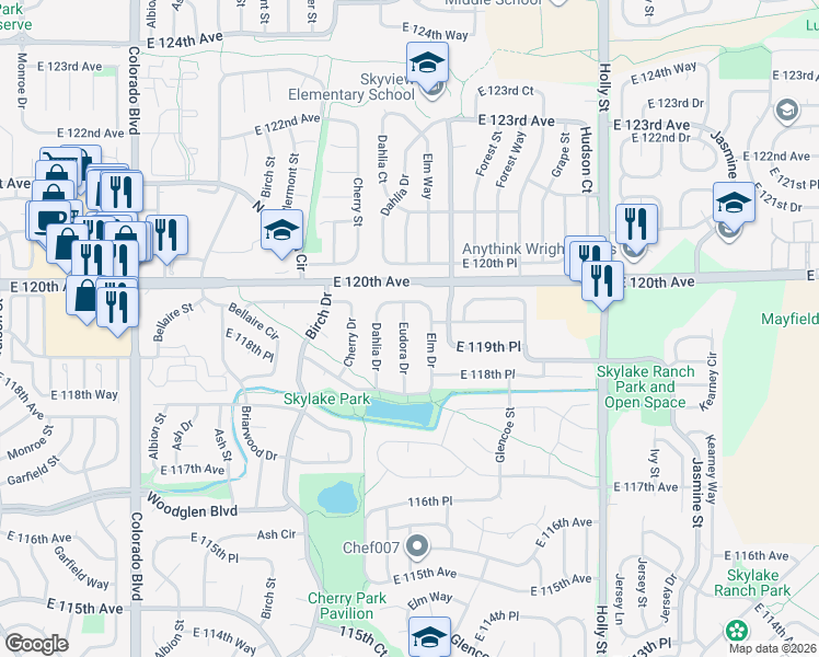 map of restaurants, bars, coffee shops, grocery stores, and more near 11912 Eudora Drive in Thornton