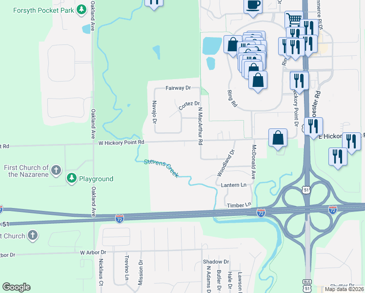 map of restaurants, bars, coffee shops, grocery stores, and more near 665 West Hickory Point Road in Forsyth