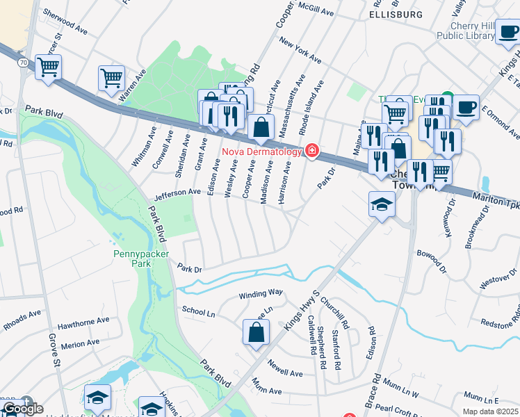 map of restaurants, bars, coffee shops, grocery stores, and more near 114 Madison Avenue in Cherry Hill