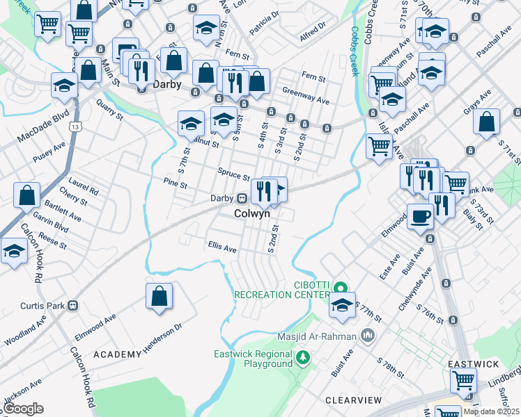 map of restaurants, bars, coffee shops, grocery stores, and more near 320 South 3rd Street in Darby