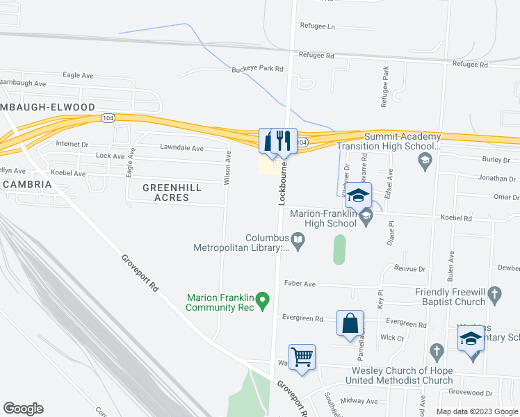 map of restaurants, bars, coffee shops, grocery stores, and more near 2565 Lockbourne Road in Columbus