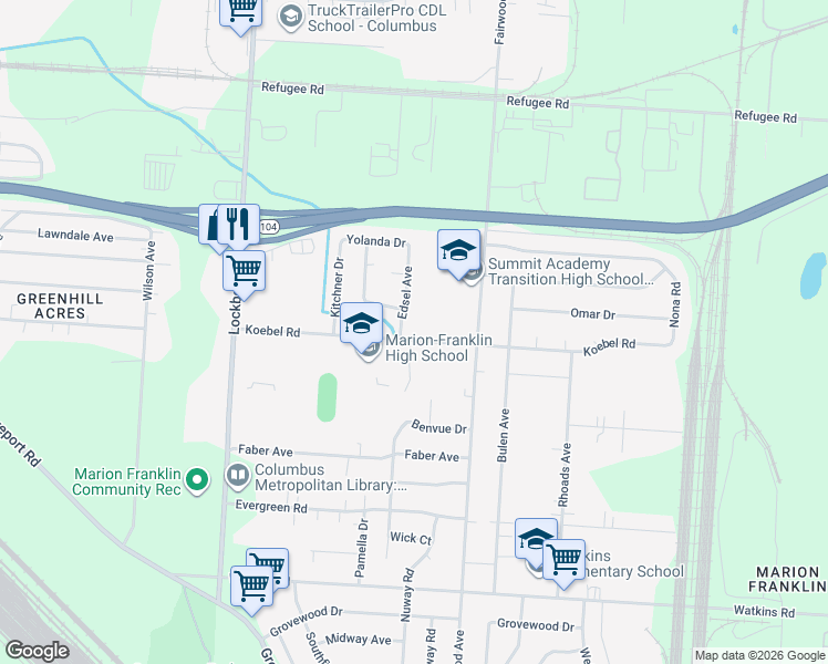 map of restaurants, bars, coffee shops, grocery stores, and more near 2604 Diane Place in Columbus