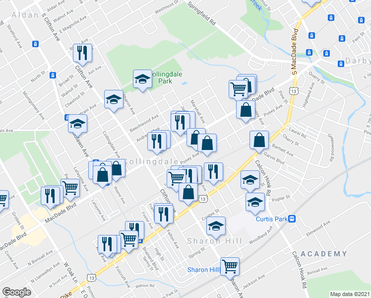 map of restaurants, bars, coffee shops, grocery stores, and more near 123 Felton Avenue in Collingdale