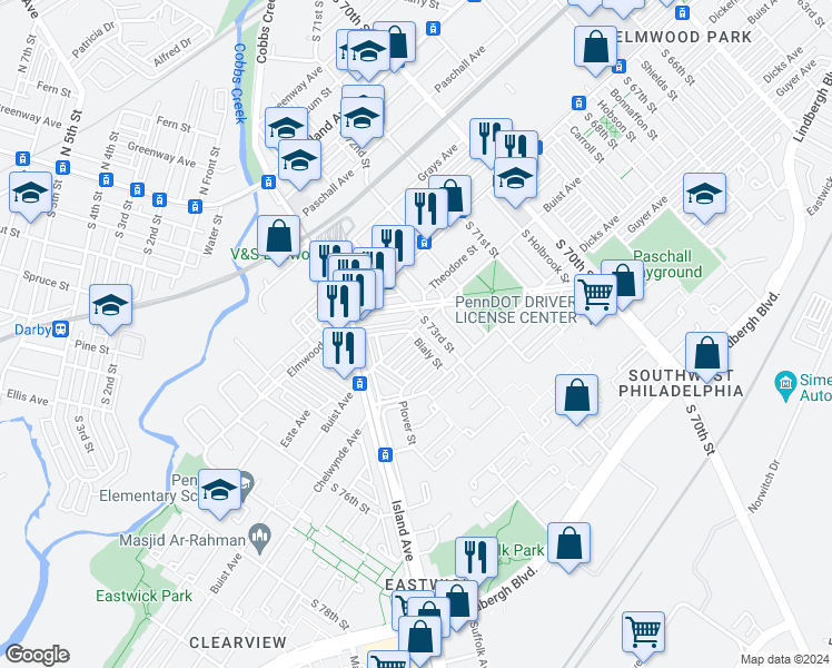 map of restaurants, bars, coffee shops, grocery stores, and more near 2601 Bialy Street in Philadelphia