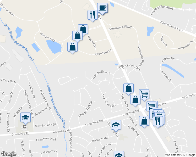 map of restaurants, bars, coffee shops, grocery stores, and more near 1 Westerly Drive in Evesham