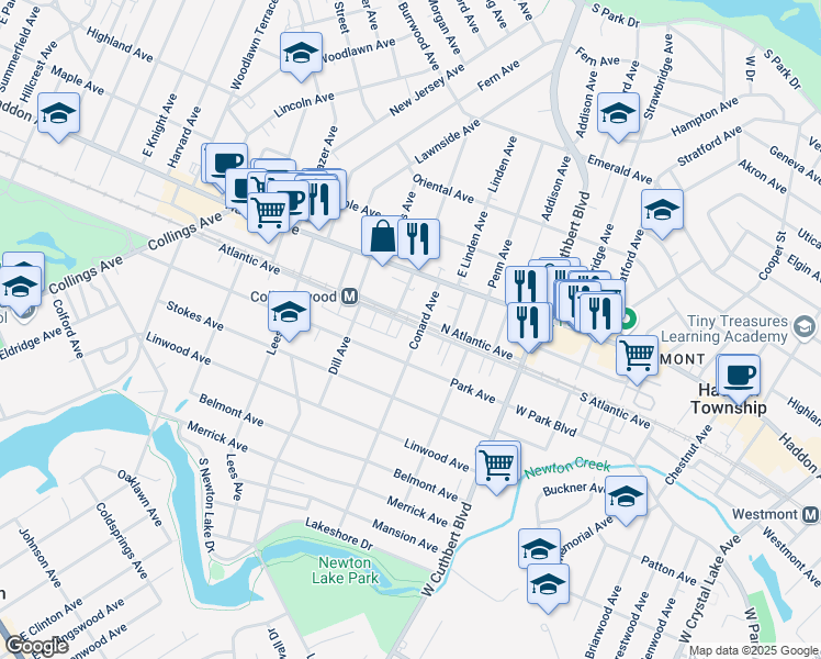 map of restaurants, bars, coffee shops, grocery stores, and more near 115 Whitman Avenue in Collingswood