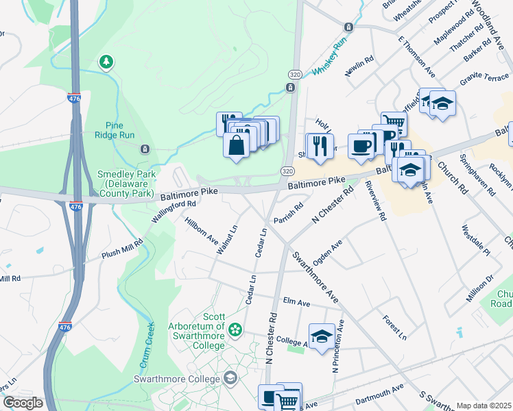 map of restaurants, bars, coffee shops, grocery stores, and more near 7 Crest Lane in Swarthmore