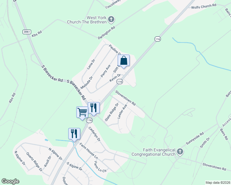 map of restaurants, bars, coffee shops, grocery stores, and more near 25 Pine Springs Boulevard in York