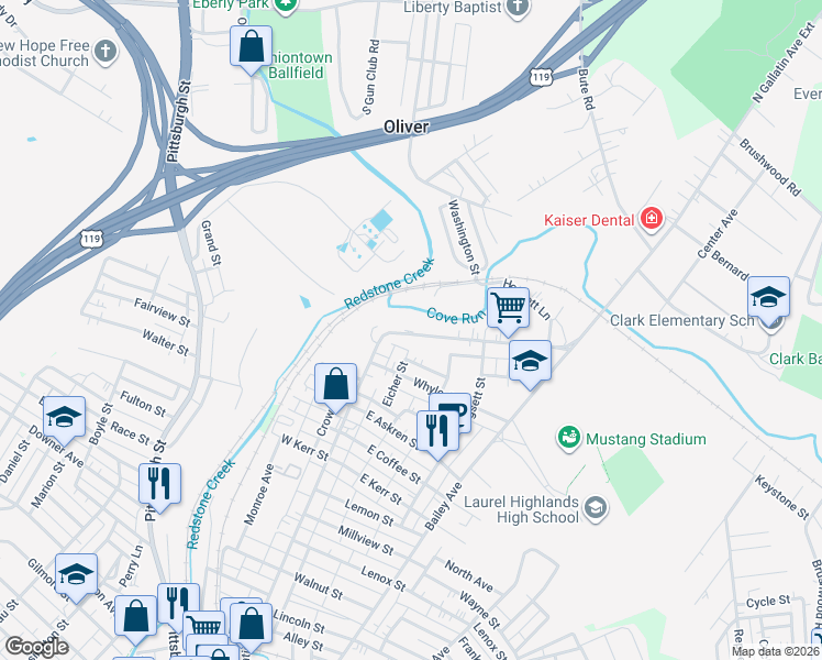 map of restaurants, bars, coffee shops, grocery stores, and more near 3 Faith Drive in Uniontown