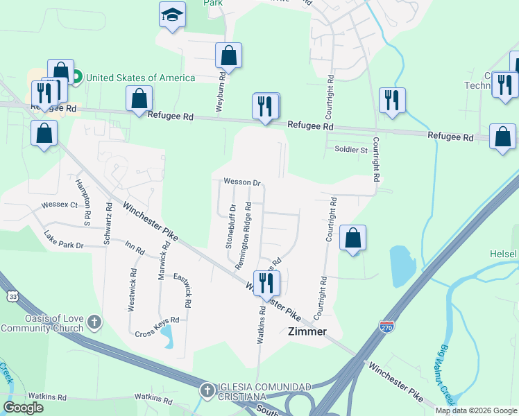 map of restaurants, bars, coffee shops, grocery stores, and more near 3663 Mathena Way in Columbus