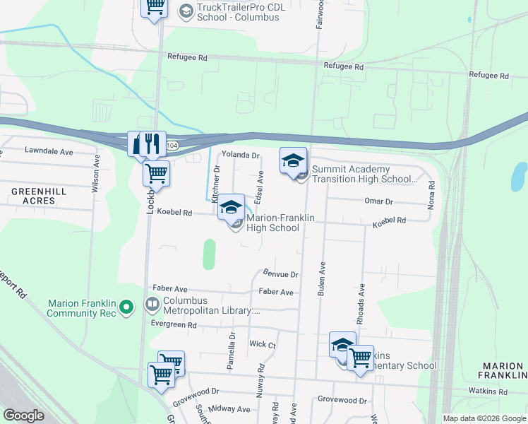 map of restaurants, bars, coffee shops, grocery stores, and more near 2604 Diane Place in Columbus