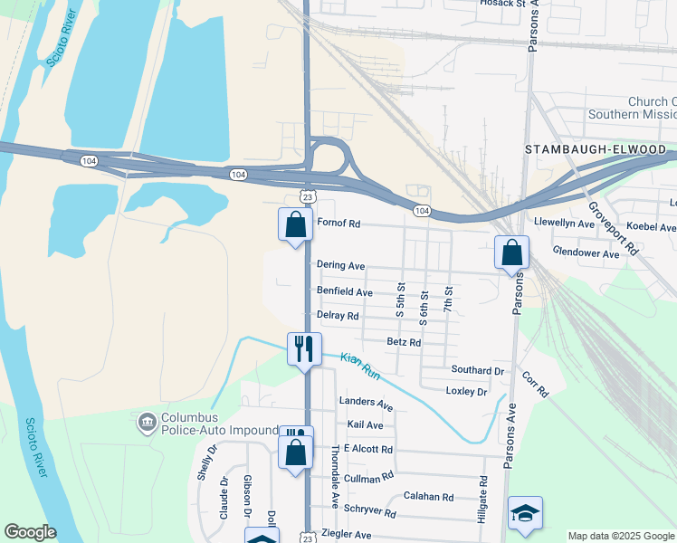 map of restaurants, bars, coffee shops, grocery stores, and more near 68 Benfield Avenue in Columbus