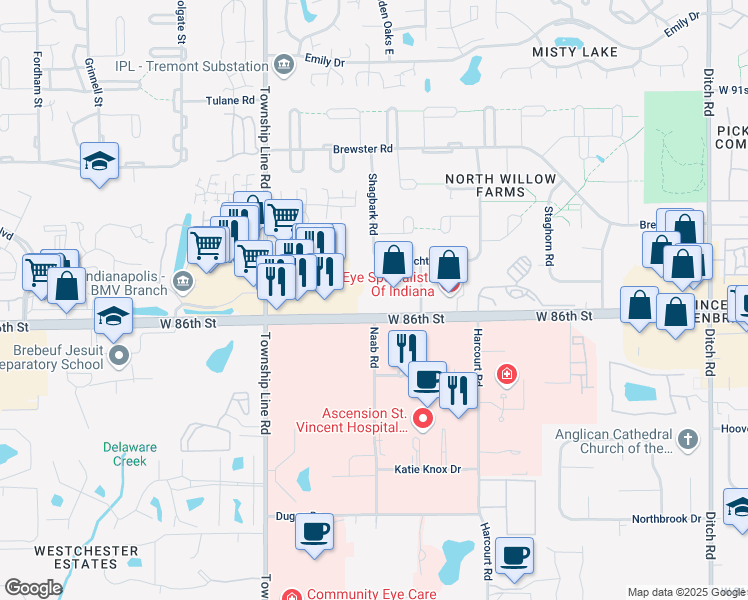 map of restaurants, bars, coffee shops, grocery stores, and more near 2160 West 86th Street in Indianapolis
