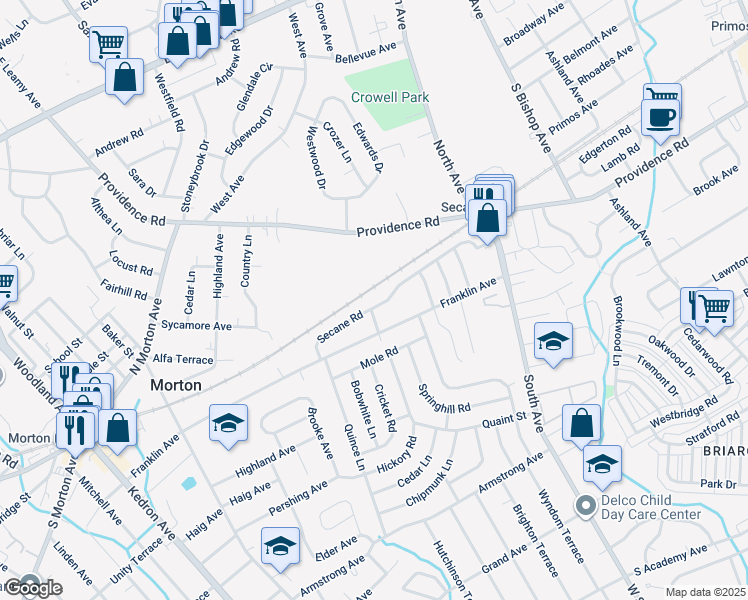 map of restaurants, bars, coffee shops, grocery stores, and more near 2403 Secane Road in Delaware County